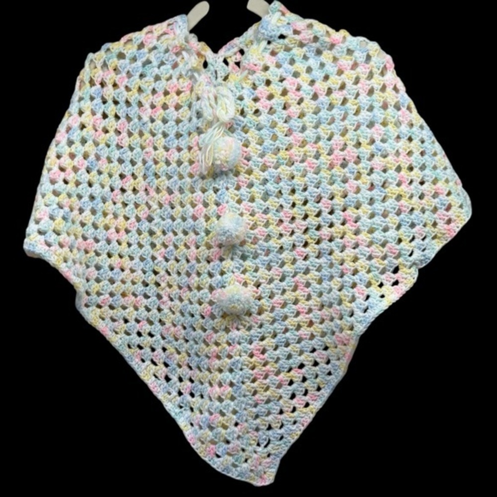 Handmade shawl cape poncho crocheted pastel-colored‎ yarn pom-poms loose-fitting